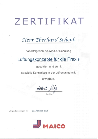 Zertifikat - Lüftungskonzepte für die Praxis - Fa. MAICO Zertifikat - Lüftungskonzepte für die Praxis - Fa. MAICO